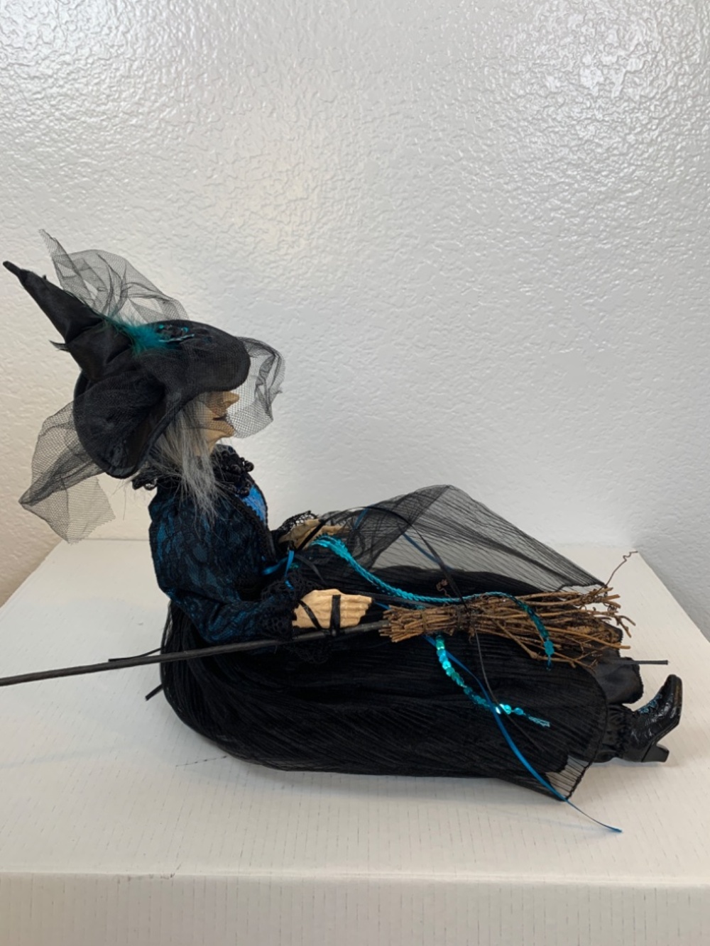 Spooky Old Witch With Broom Doll Shelf Sitter Blue Black Halloween Scary Decor - Picture 12 of 16